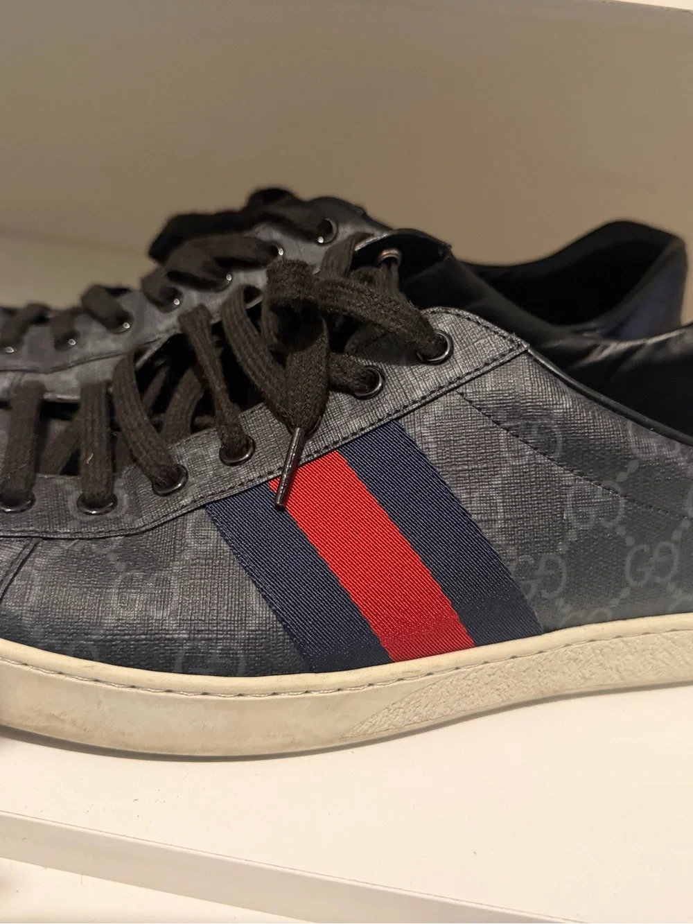 Gucci Black Sneakers with Red & Blue Web Stripe